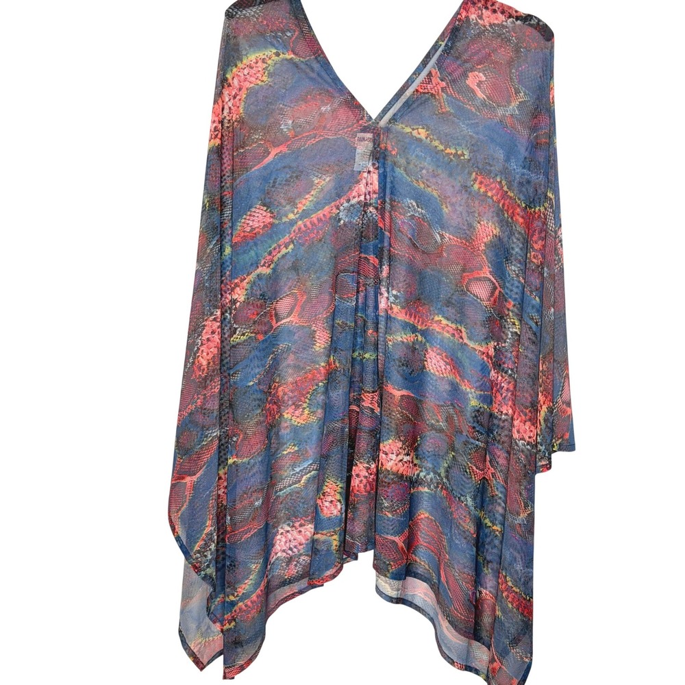 Pain de Sucre French Cover Up OS Boho Blue Red Snakeskin Sheer Kaftan Poncho Top